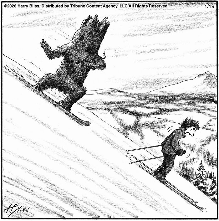 New Yorker Magazine cartoonist shows a skier chased by a walking tree stump down a snowy slope, clever one-panel comic.