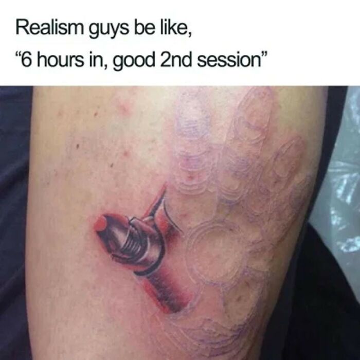 A humorous tattoo meme featuring an incomplete, stylized hand tattoo with a red part, illustrating tattoo fails and memes.