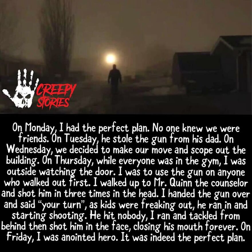 Silhouette of person at night with gun described in creepy story