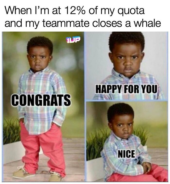 Funny meme of a kid showing mixed feelings about sales quota with captions congrats, happy for you, nice