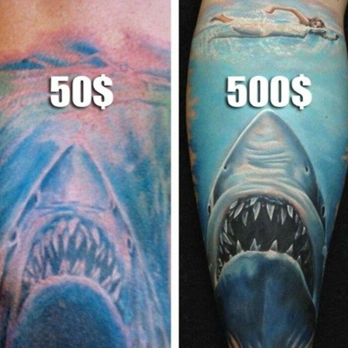A comparison of two shark tattoo designs, highlighting the difference between a cheap 50$ tattoo and a detailed 500$ tattoo.