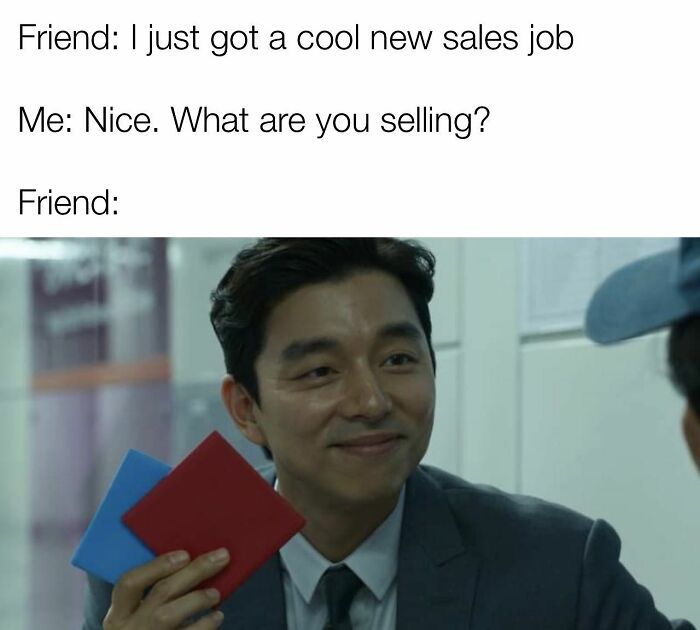 Sales meme showing person holding colored cards in new sales job