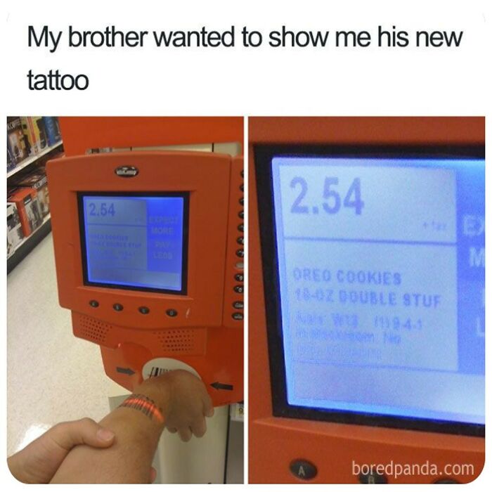 A funny tattoo meme showing a grocery store scanner misinterpreting a temporary bracelet as an Oreo Cookies purchase.