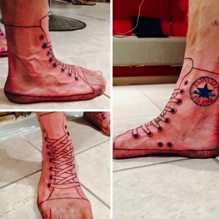 A foot with a Converse shoe tattoo, a hilarious tattoo fail.