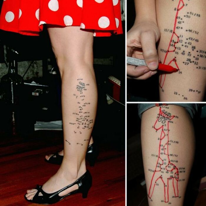 A woman with a connect-the-dots tattoo design on her leg, a hilarious tattoo fail.