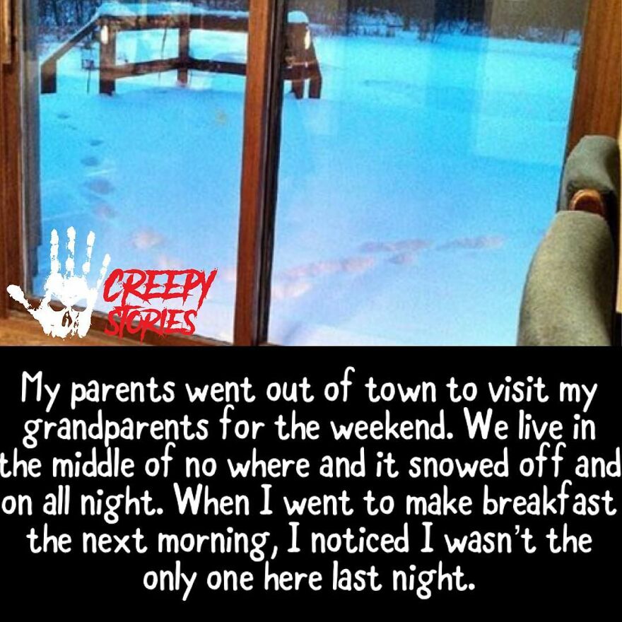 Snowy backyard with mysterious footprints and creepy stories text