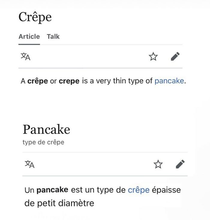 Wikipedia description explaining crepe as a thin type of pancake