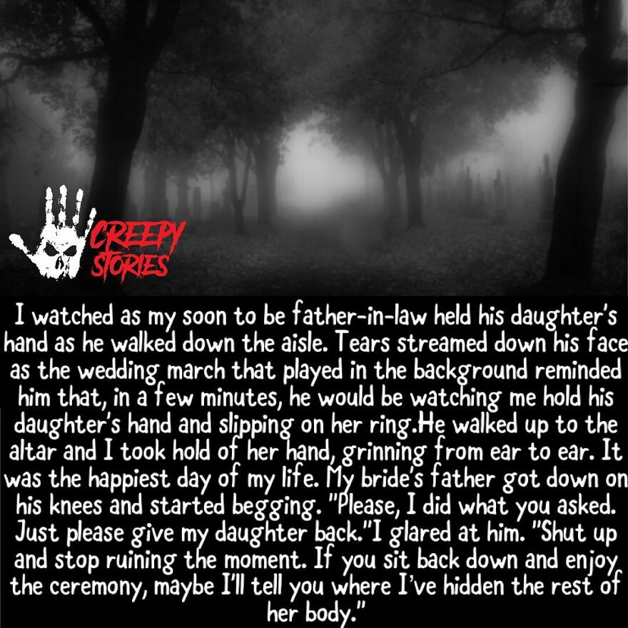 Foggy eerie forest cemetery with chilling creepy story text