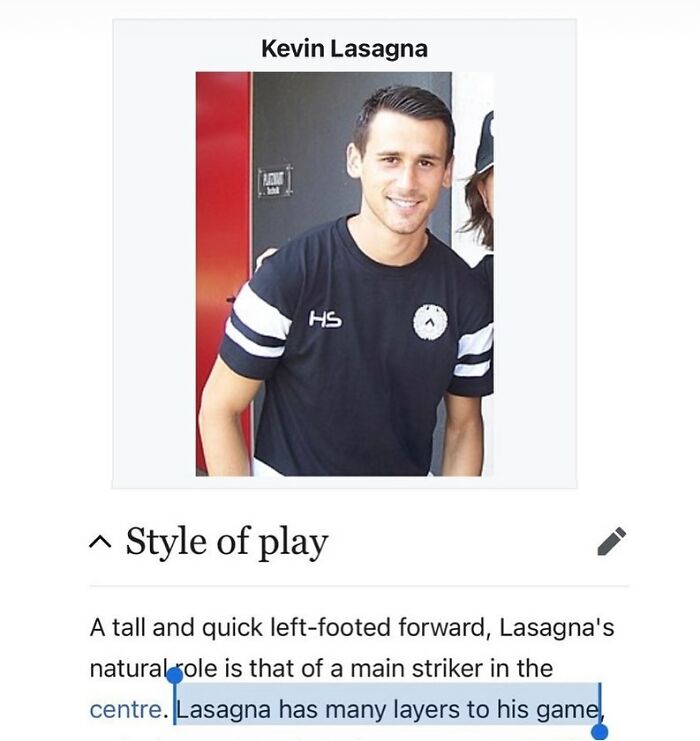 Wikipedia snippet of Kevin Lasagna football player with style of play description