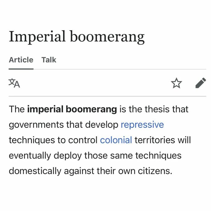 Imperial boomerang theory of repressive colonial techniques detailed on Wikipedia