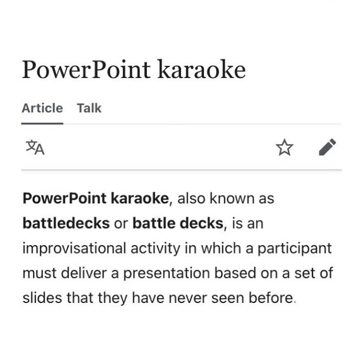 Wikipedia description of PowerPoint karaoke improvisational presentation activity