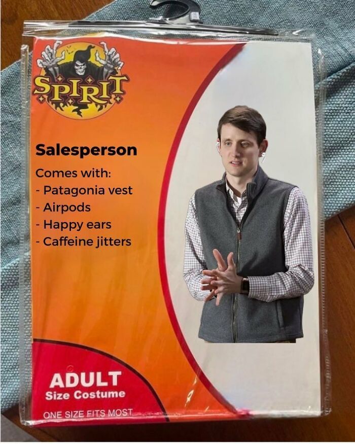 Salesperson costume packaging with Patagonia vest and Airpods