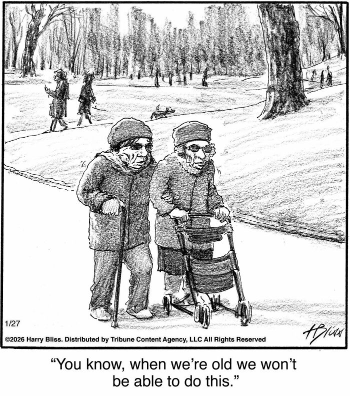 A black and white comic portrays two elderly people with mobility aids in a park. A New Yorker Magazine Cartoonist creates clever comics.