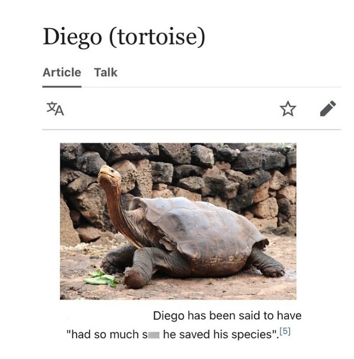 Wikipedia page showing Diego the tortoise with a photo