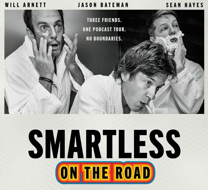 Promotional image for SmartLess On The Road featuring Will Arnett, Jason Bateman, and Sean Hayes. Promotional image for SmartLess On The Road featuring Will Arnett, Jason Bateman, and Sean Hayes.