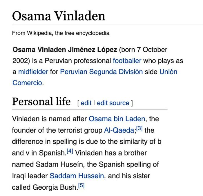 Wikipedia article excerpt about Osama Vinladen Peruvian footballer