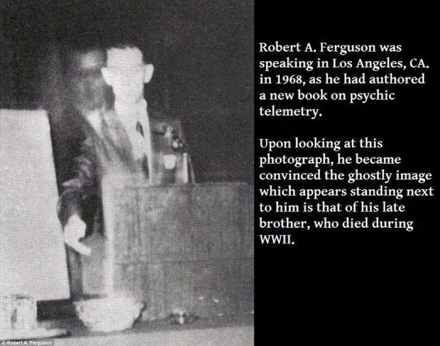 A black and white photograph of Robert A. Ferguson with a ghostly image of his brother, a terrifying fact.