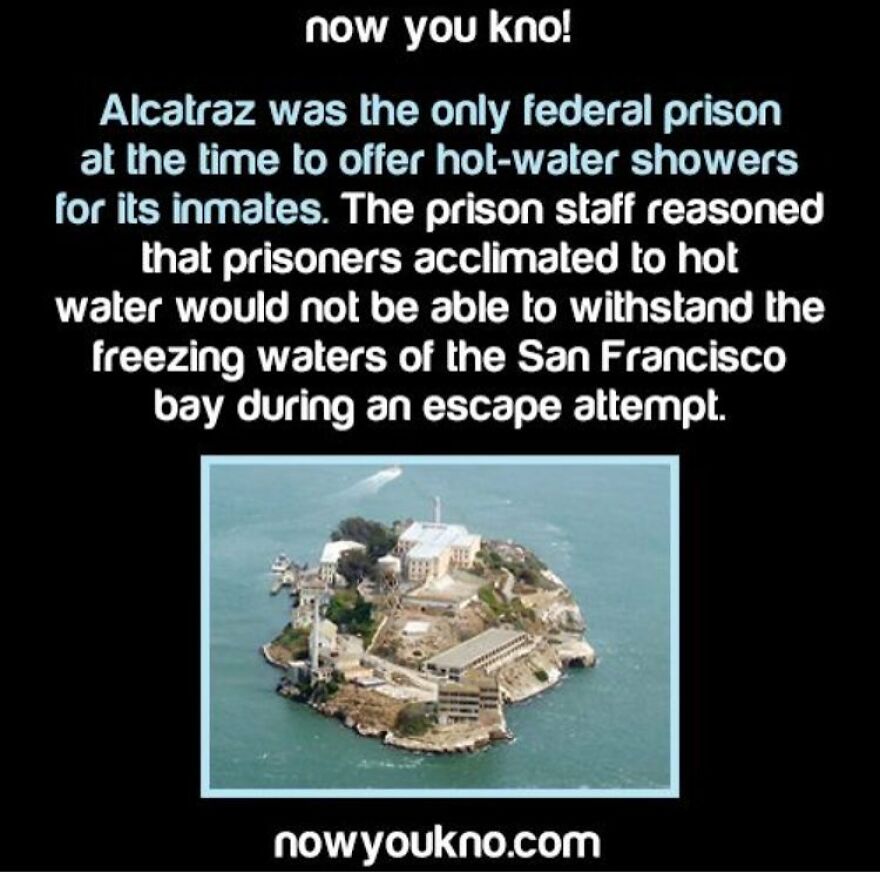 Alcatraz Island, a federal prison, shown with text about its hot-water showers, one of many terrifying facts.