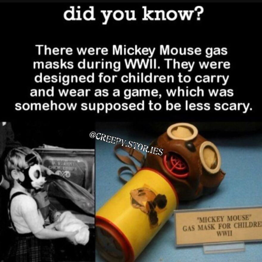 Mickey Mouse gas masks, a terrifying fact and horror story from WWII designed for children.