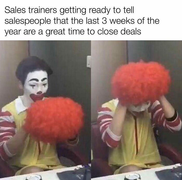 Sales trainers depicted as clown getting ready to motivate closing deals in last weeks