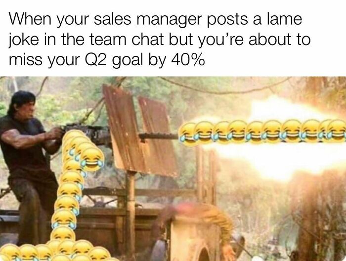 Sales meme about missing Q2 sales goals and a lame sales manager joke in team chat