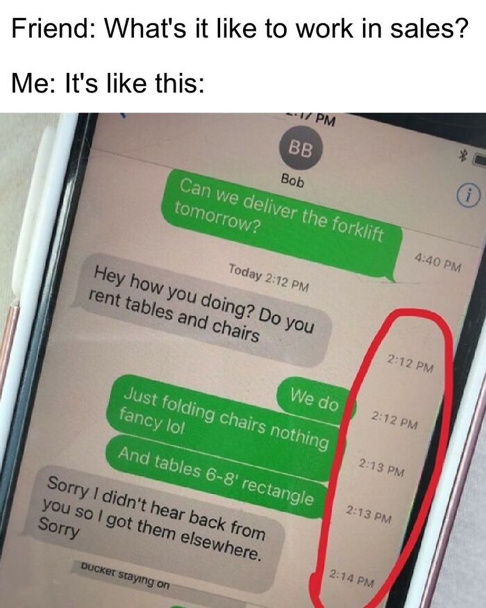 Text message meme showing slow replies in sales communication
