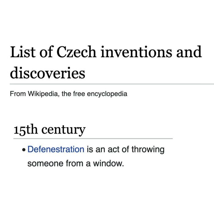 Wikipedia page describing Czech inventions including defenestration