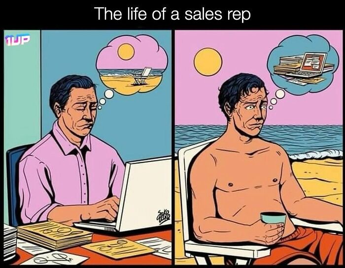Comic showing sales rep dreaming of beach but working on laptop at office