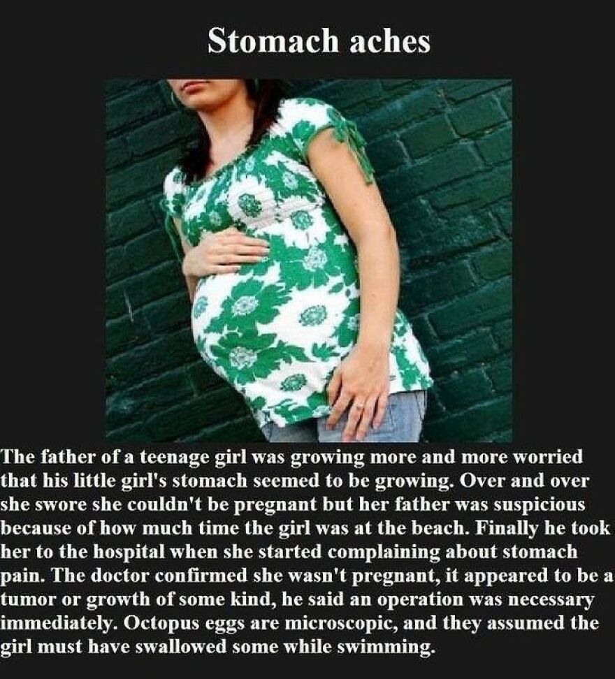 A woman with a swollen stomach, later revealed to be terrifying horror of octopus eggs, not pregnancy.