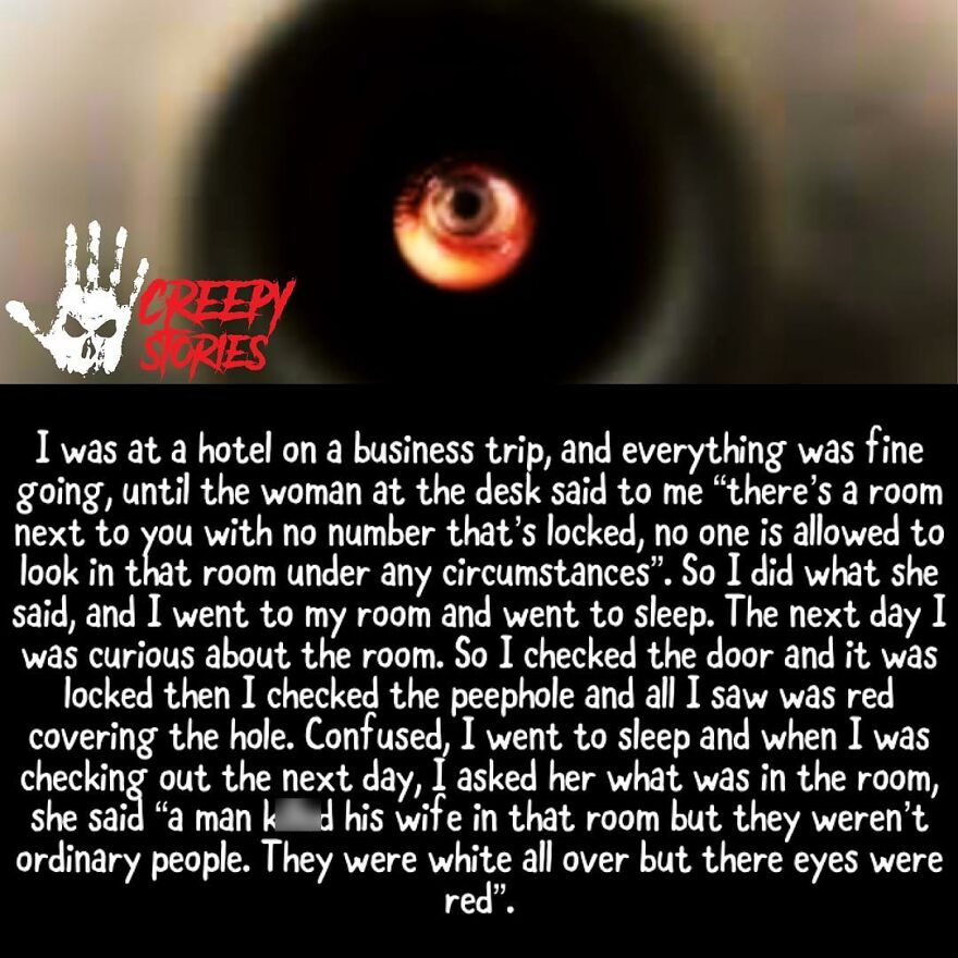Red eye peering through locked hotel room peephole horror story