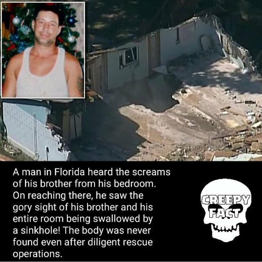 An image depicting a house destroyed by a sinkhole, illustrating one of the terrifying facts and horror stories.