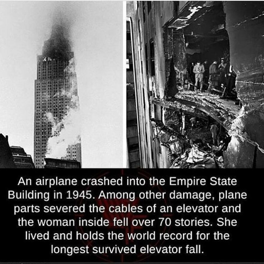 A split image showing the Empire State Building after an airplane crash and closeup of the damage. Terrifying facts, horror stories.