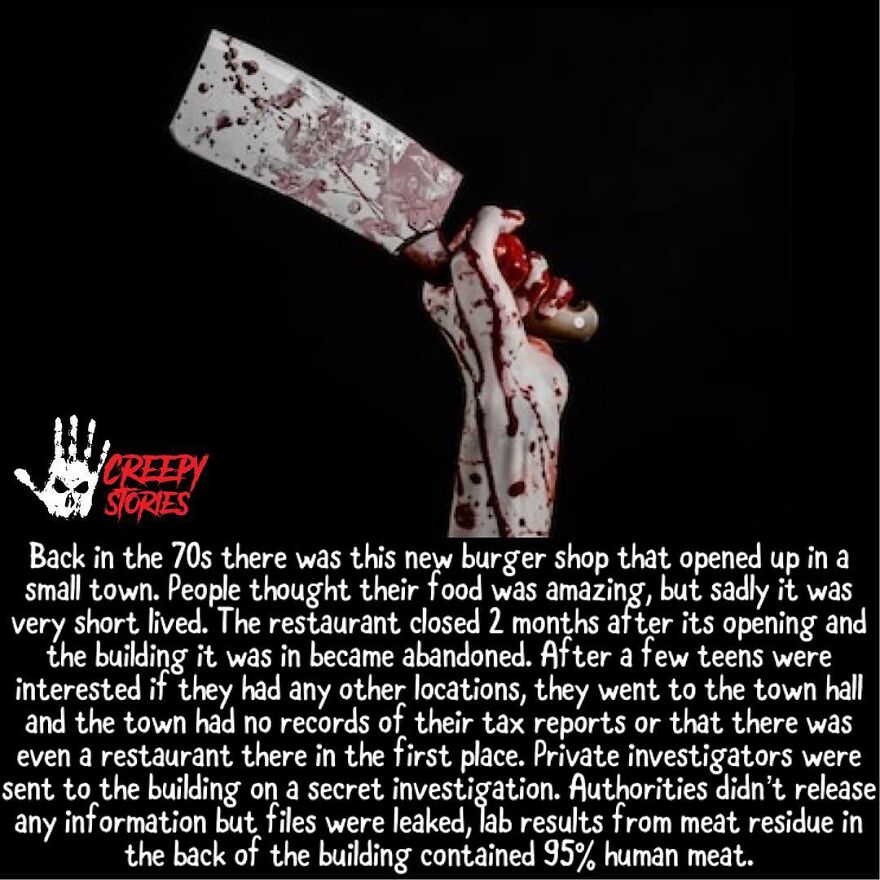A bloody cleaver held by a blood-splattered hand, evoking terrifying facts and horror stories.