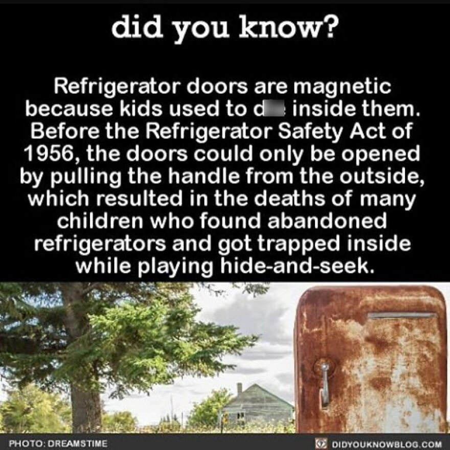 An old rusty refrigerator and a house, illustrating a terrifying fact about refrigerator safety and horror stories of trapped children.