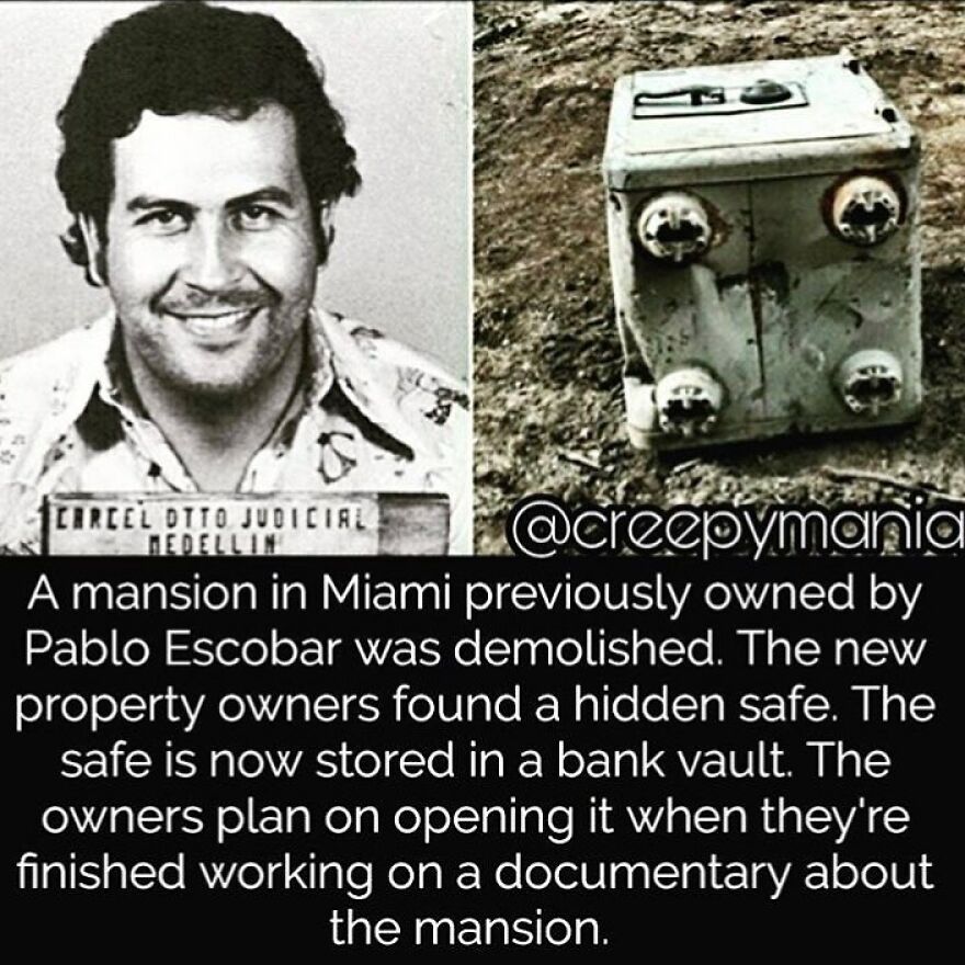 A mugshot of Pablo Escobar and a rusty safe found in his mansion, a terrifying fact and horror story of hidden secrets.