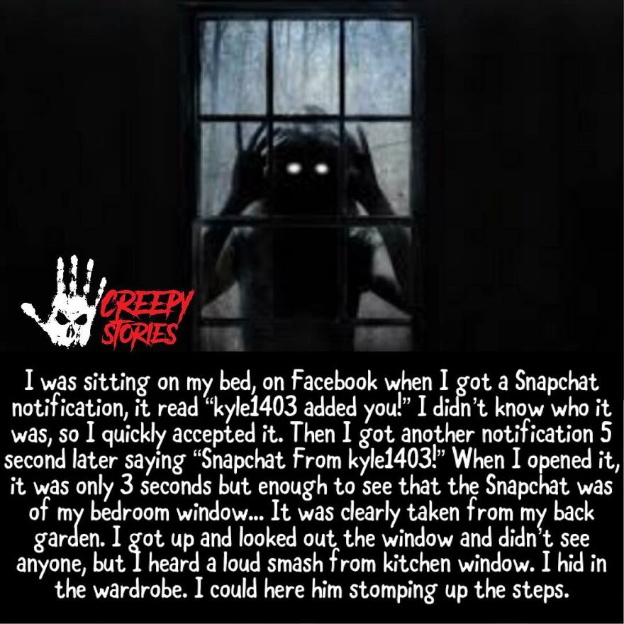 A shadowy figure with glowing eyes peers through a window, a terrifying visual from horror stories.