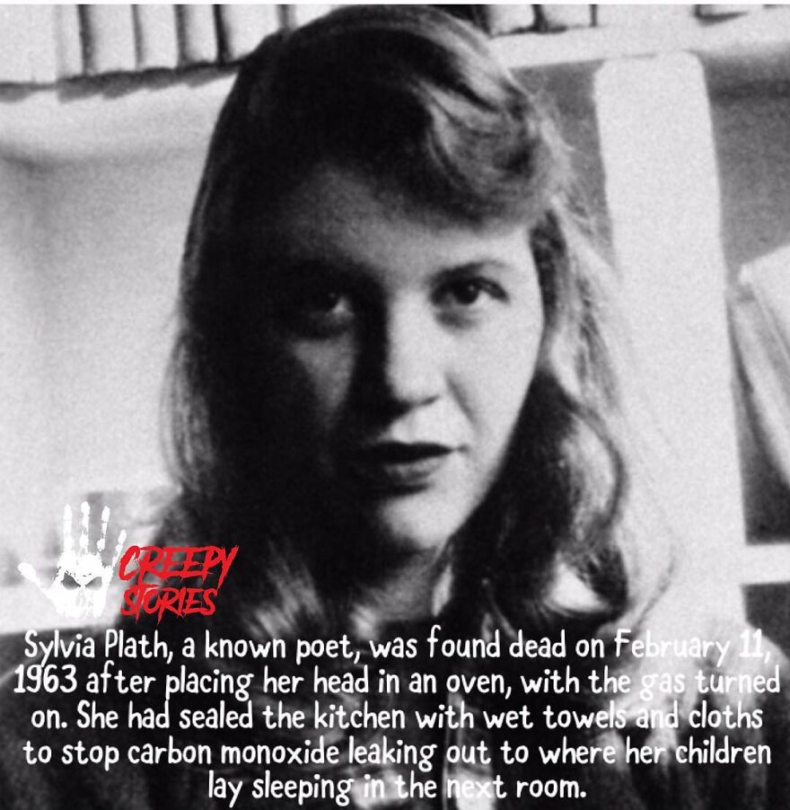 A black and white portrait of Sylvia Plath, a famous poet, related to terrifying facts.