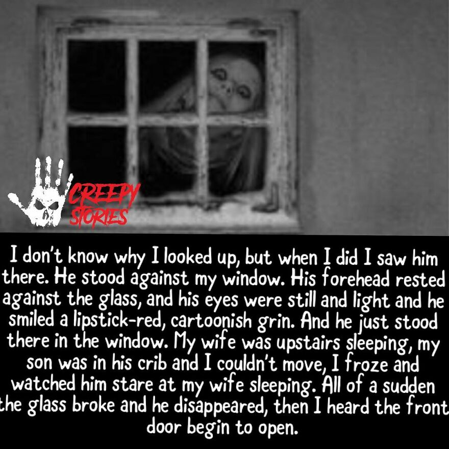 Creepy figure with lipstick grin at window in horror story
