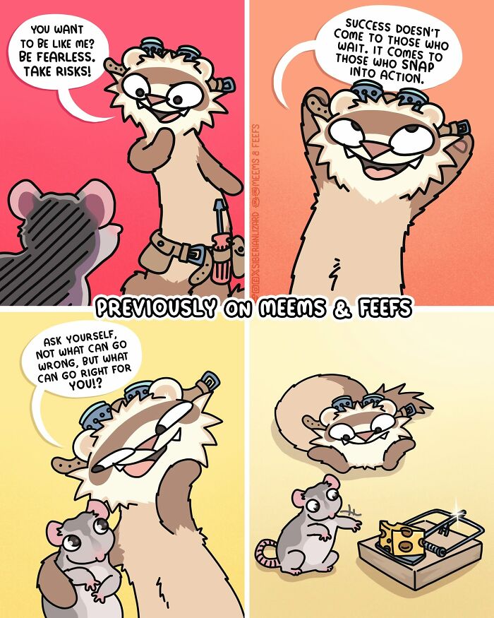 A four-panel comic about a Siberian girl and her two ferrets, illustrating funny situations with a mouse and mousetrap.
