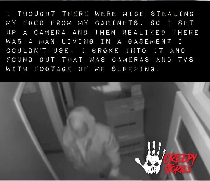 A grainy security camera image of a person with text describing terrifying facts about a man living in a basement.