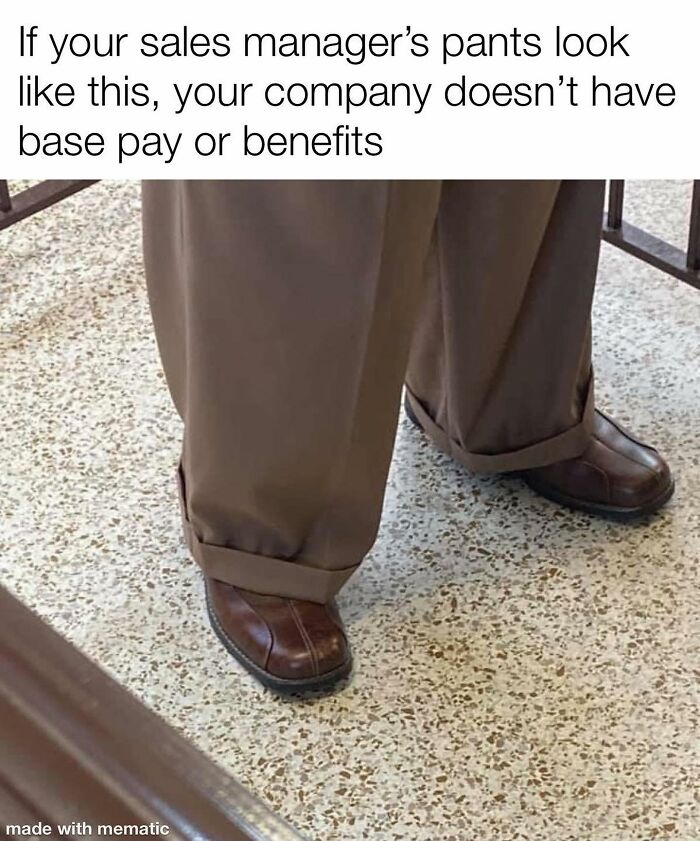 Photo of worn pants mocking sales manager pay and benefits in sales