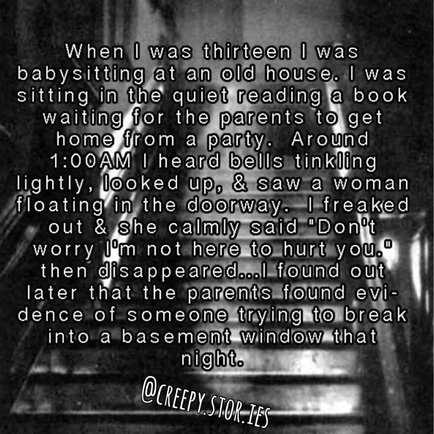A dark image with white text describing a babysitting horror story about a floating woman. Terrifying facts, horror stories.