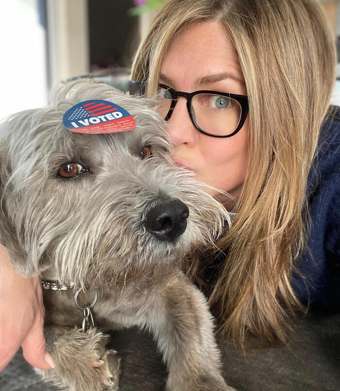 Jennifer Aniston with her dog, both wearing I Voted stickers. Part of a Hollywood voting scandal investigation. Jennifer Aniston with her dog, both wearing I Voted stickers. Part of a Hollywood voting scandal investigation.