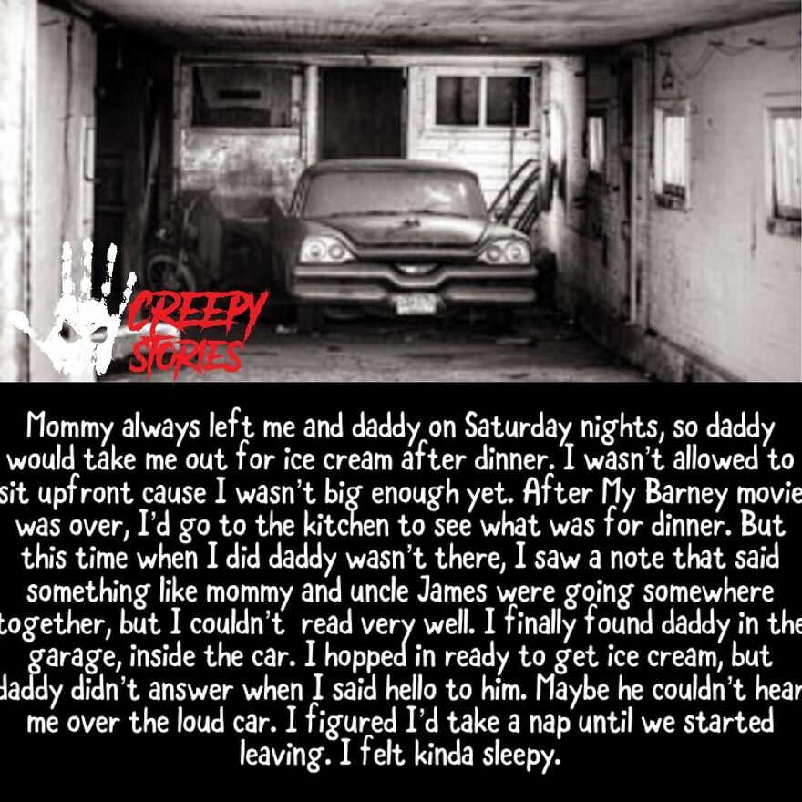 A dark garage with an old car, illustrating a terrifying horror story.