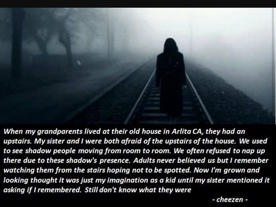A lone figure walking on misty train tracks, with text detailing a chilling shadow people encounter. Terrifying facts, horror stories.
