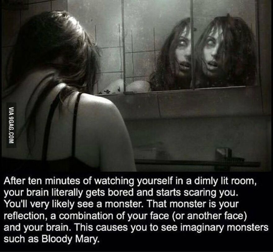 A woman looking in a mirror seeing a monstrous reflection, a terrifying fact and horror story that keeps people awake.