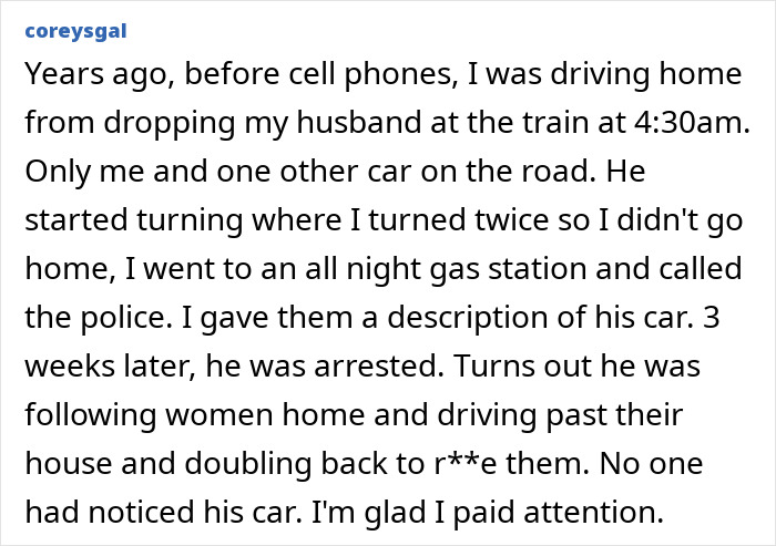 A story of a woman avoiding a potential threat, relying on her gut feelings, driving away from a suspicious car.