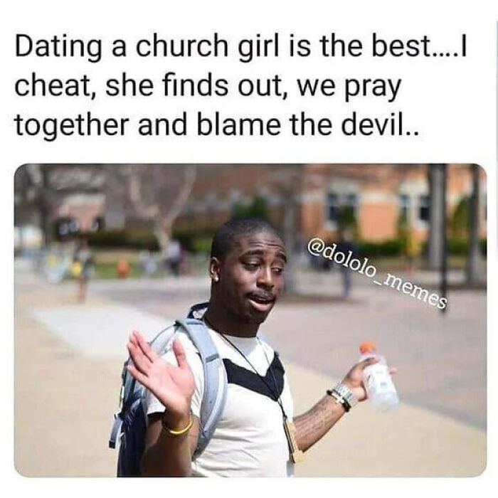 A blursed meme showing a man looking confused with a humorous caption about dating a church girl.
