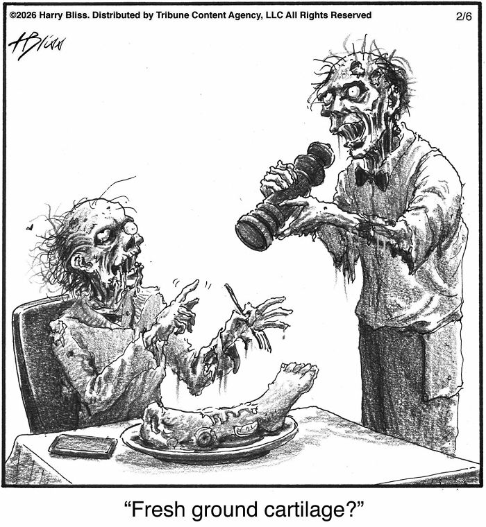 New Yorker Magazine cartoonist illustrates two zombies at a table with a served foot, one holding a microphone, clever one-panel comic.