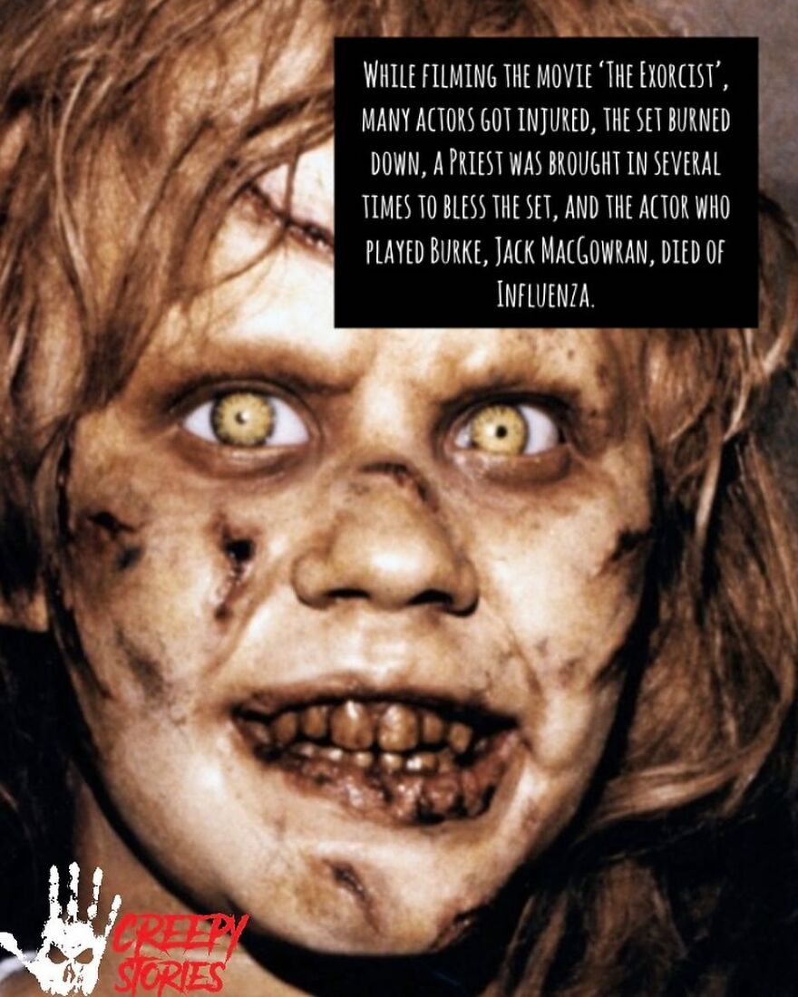 Close-up of a possessed child from The Exorcist, highlighting terrifying facts and horror stories from the movie's production.